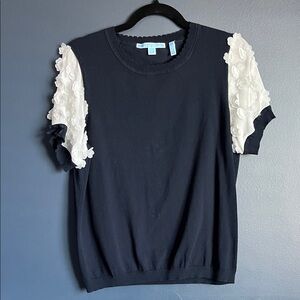 Draper James Navy Knit Top with White 3D Floral Sleeves; fits M